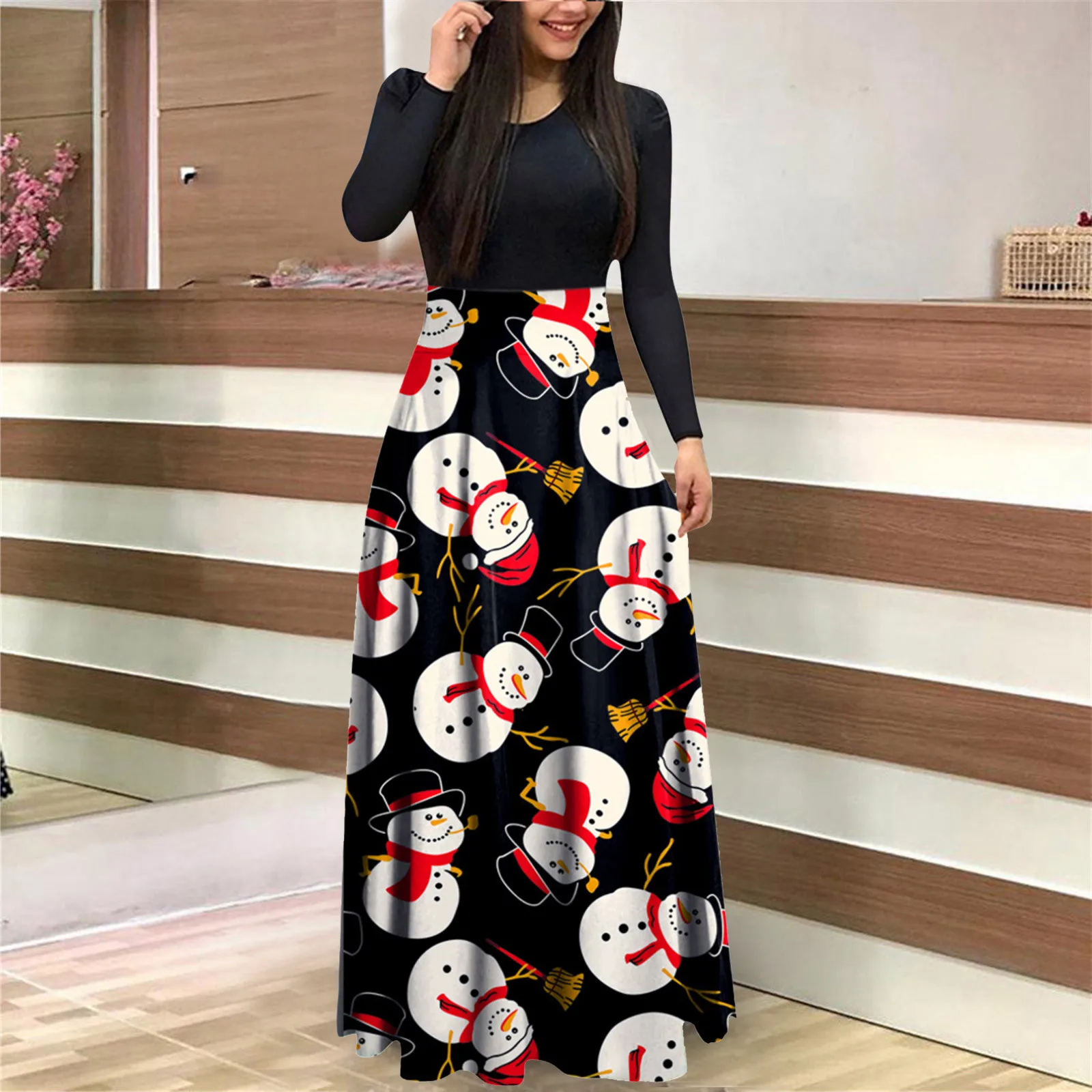 Vintage Christmas Print Casual Female Maxi Evening Dress Christmas Women Loose Dress Autumn V-neck Long Sleeve Party Dresses