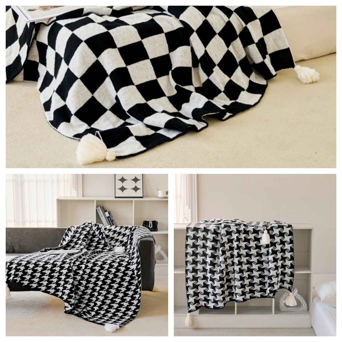 

Stylish Classic Black and White Blanket Set-Iconic Geometric Patterns,Soft and Cozy Knitted Throws for Living Room Sofa and Beds