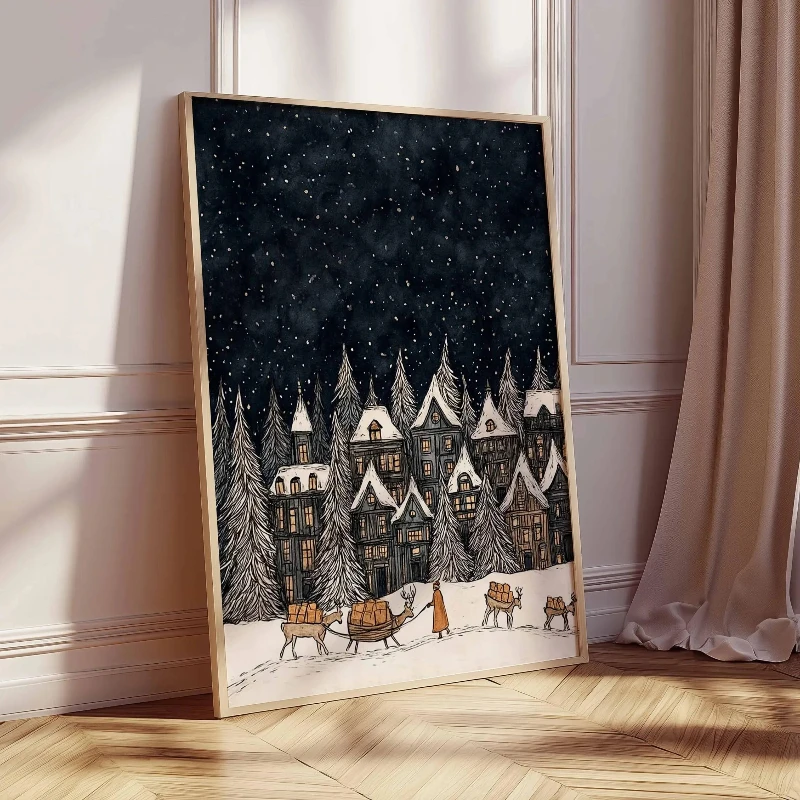Snowy Night Christmas Village Poster,  Holiday Wall Art, Christmas Decor, Winter Town Festive Print, Holiday Gift Artwork