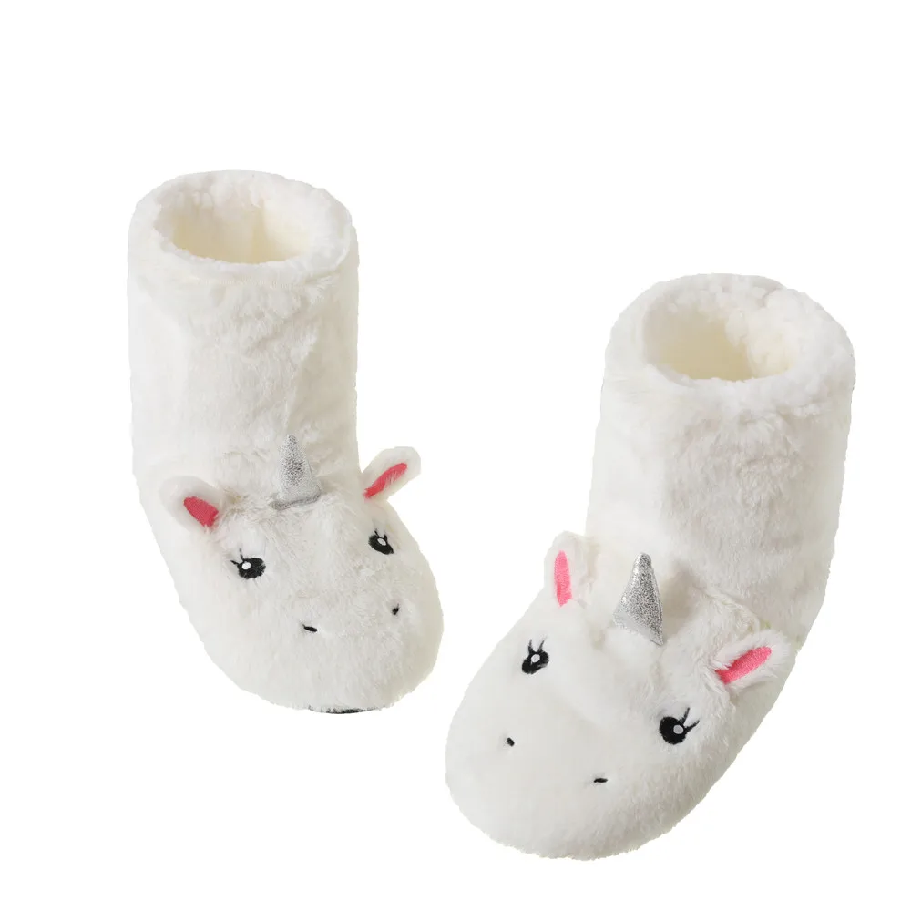 Home Womens Slippers Winter Floor Shoes Indoor Fur Plush Anti Skid Grip Warm Deer Cat Unicorn Bear Female Home Boots High Tube