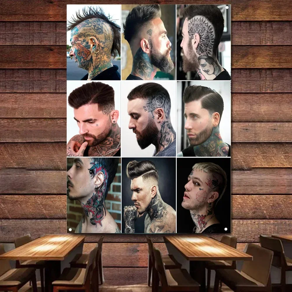 Mens Face and Head Tattoos Hairstyles Vintage Barber Shop Signboard Wall Decor Banner Flag Haircut & Shave Salon Poster Tapestry