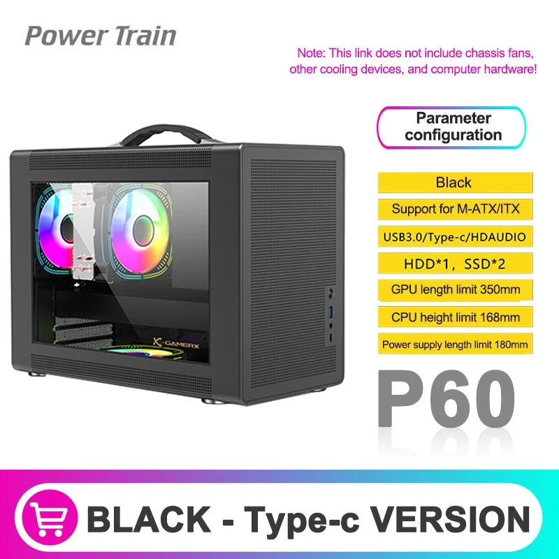 2025 Power Train P60 M-ATX Custodia per computer portatile Scheda madre ITX ATX/SFX Supporto per alimentatore U3 Tipo-C Desktop MINI Piccolo