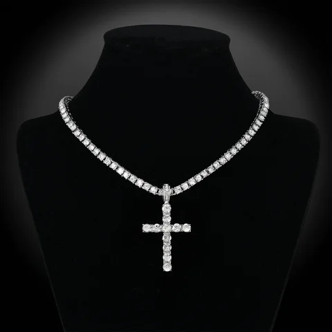 Men Women Hip Hop Cross Pendant Necklace With 4mm Zircon Tennis Chain Iced Out Exquisite Bling Jewelry Fashion Trendy Creative