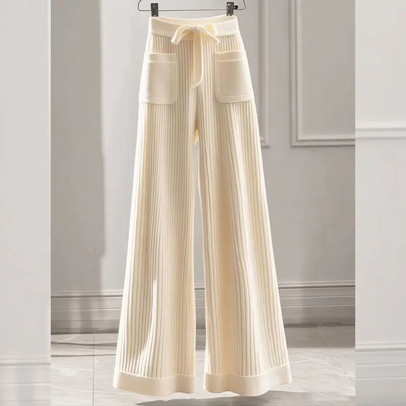

NewFashion Soft Ribbed Knitted Pants Women Autumn Winter High Waist Pockets Patchwork Lace Up Wide Leg Pants Elegant Trousers