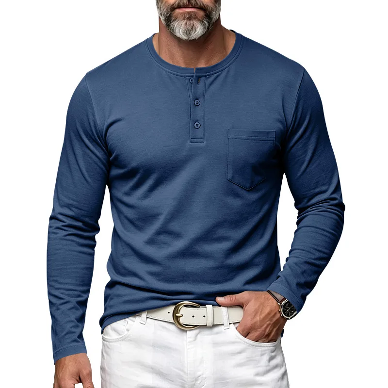 Men's Henley Long Sleeve T Shirt With Chest Pocket Solid Color 3 Button Placket Casual Breathable Tops Spring Autumn Daily Wear