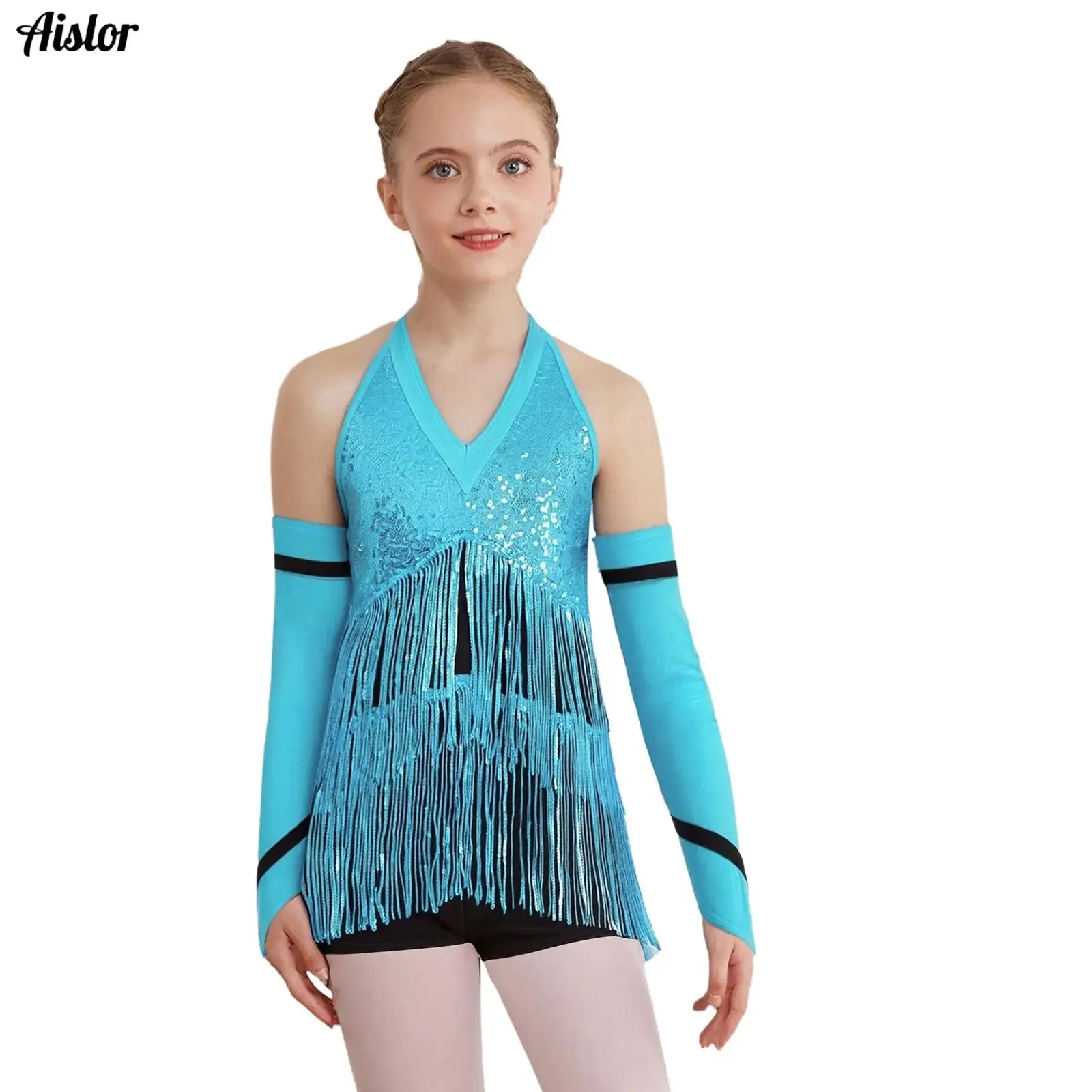 

Kids Girls Latin Jazz Dance Dress Halter Sleeveless Strappy Back Shiny Sequins Color Block Tassel Skirted Leotard with Gloves
