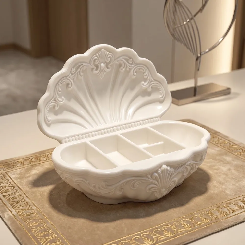 3D Printed Shell-Shaped Jewelry Tray Vintage Vanity Decor Desktop Storage Box Decorative Oval Multi-Compartment Organizer