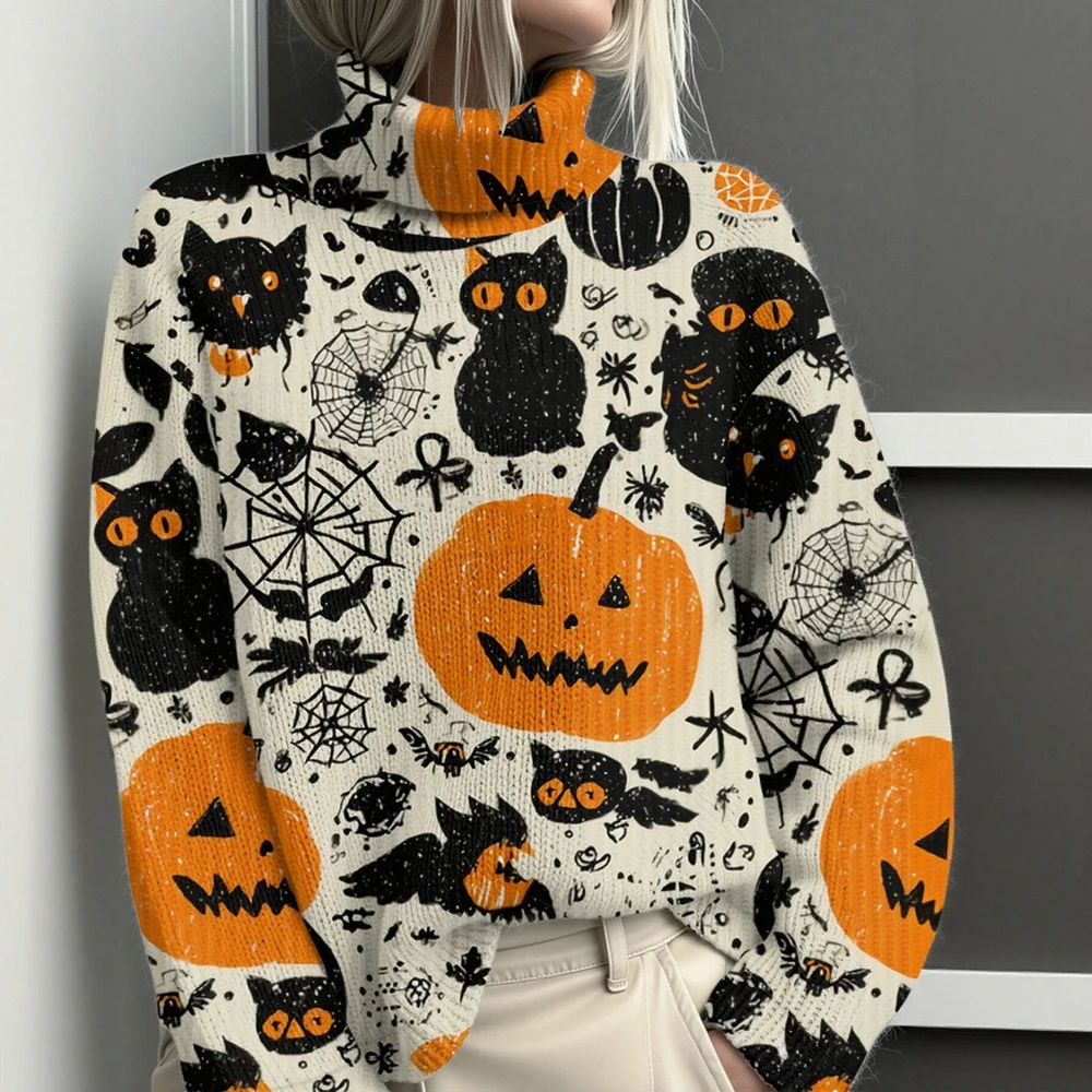 

3D Halloween Abstract Print High Collar Sweater Cardigan Women's Outerwear Independent Station E127