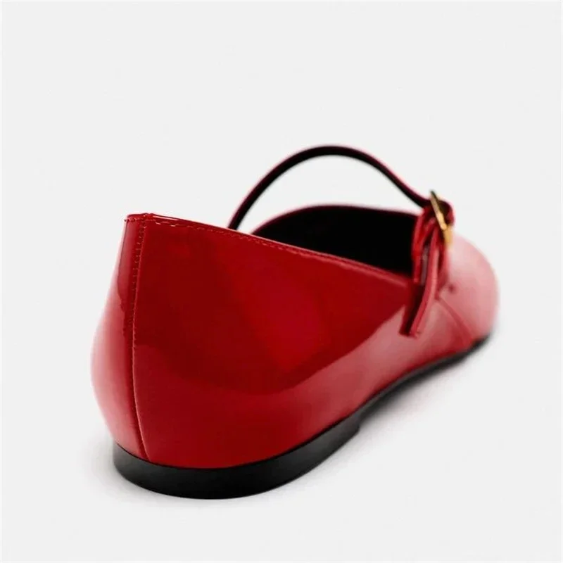 Woman Red Mary Jane Shoes 2024 Summer Chic Faux Patent Leather Flats Womens Fashion Round Toe Buckle Strap Single Shoes