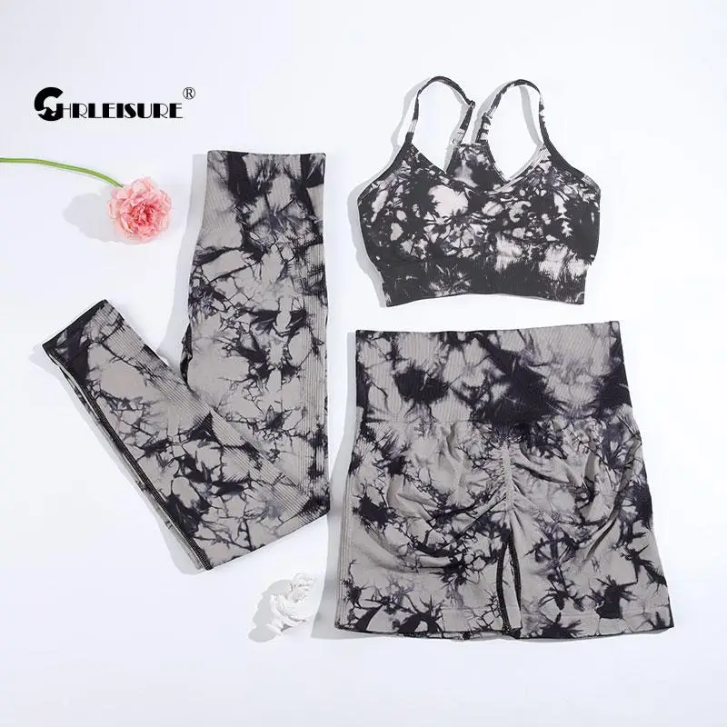 CHRLEISURE Sports Suit for Women Tie Dye Yoga Set 2/3PCS Seamless Fitness Outfit Athletic Bra with Workout Legging Gym Tracksuit