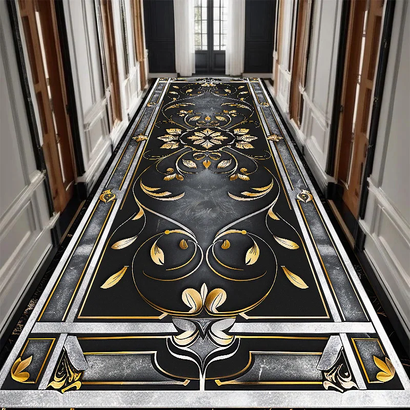 Luxury Black Golden Long Corridor Carpet Hall Runner Decor Non-slip Washable Stairway Rugs European Aisle Floor Mat Customizable