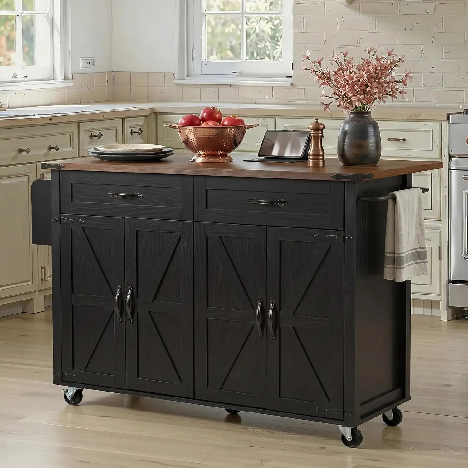 Kitchen Island with Drop Leaf, Power Outlet, Rolling Storage Cabinet, Spice & Towel Rack, 5 Wheels, 53.5 Inch, Customized