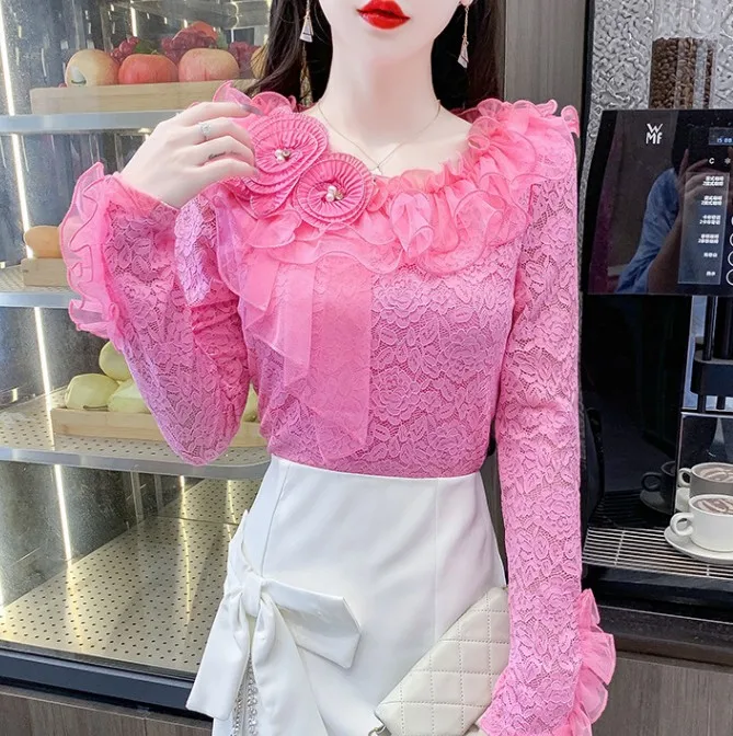 Three dimensional flower pink lace shirt with irregular ruffle edges embroidered with sweet  blouse women