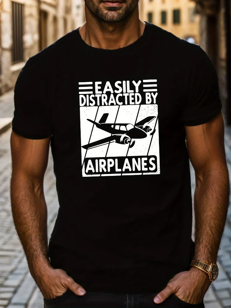 

Easily distracted airplane pattern -100% cotton summer short-sleeved O-neck men's printed T-shirt.