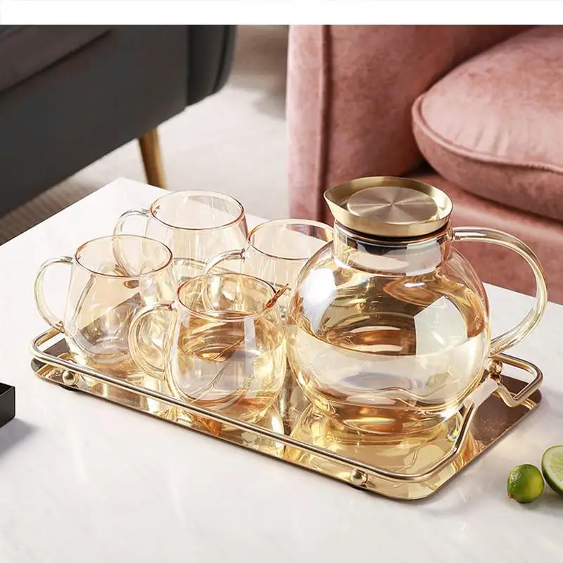 Afternoon Tea Cup Pot Set Living Room 450ml Glass Home Use 1800ml Flower Kettle Amber Teaware 5 Piece with Tray