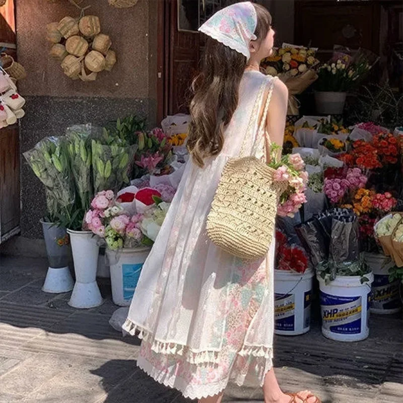 Conjunto feminino verão novo casual flor impresso vestido estilingue + renda borla cobrir camisa conjunto de duas peças para mulher zt433