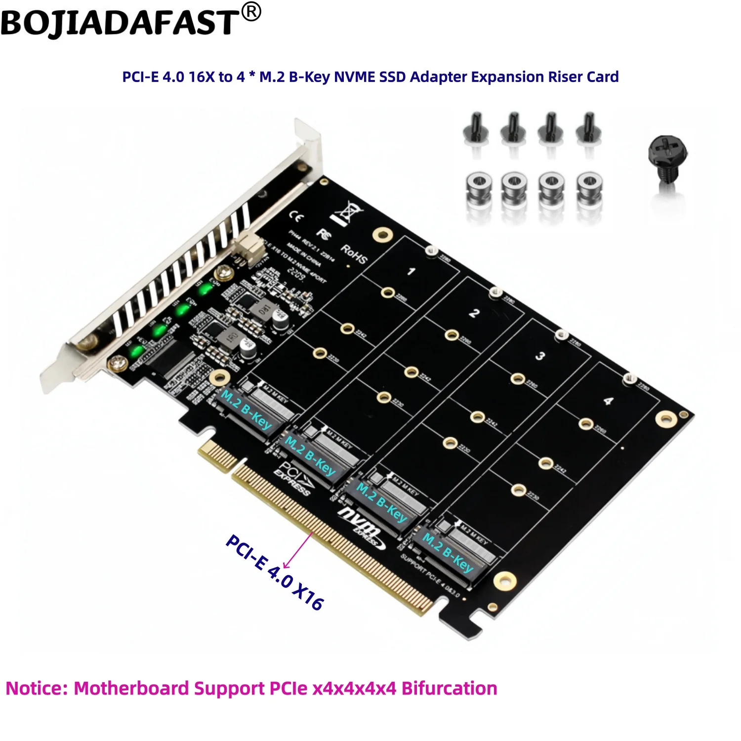 PCI-E 4.0 16X To 4 NGFF M.2 Key-M Adapter Expansion Riser Card For 2280 M2 NVME SSD SSD MB Support PCIe X4X4X4X4 Bifurcation