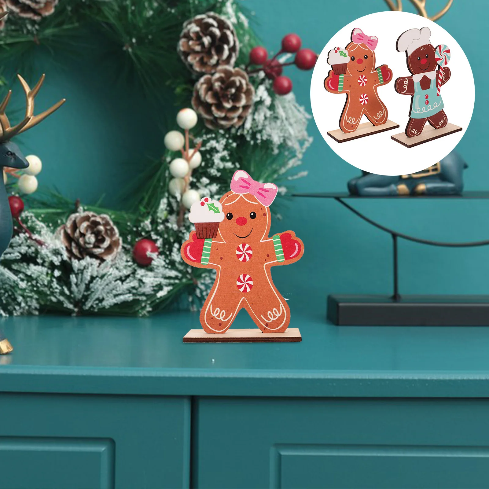 

2pcs Wooden Gingerbread Man Ornaments Lollipop Design Holiday Decorations Christmas Tree Home Office Festive Decor Mini