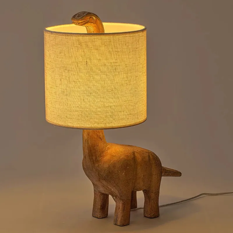 Wooden Carving Dinosaur Shaped Floor Lamps Retro Designer LED Table Lamp Children's Room Study Bedroom Adorn Lighting Fixtures