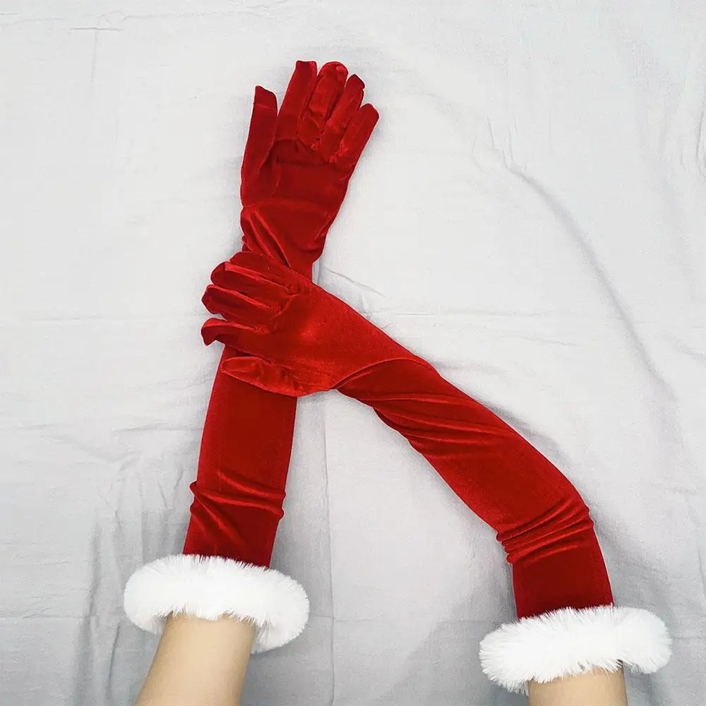 Santa Claus Gloves White Fur Red Velvet Long Gloves Christmas Festive Costume Accessories Mittens Cosplay Performance Props