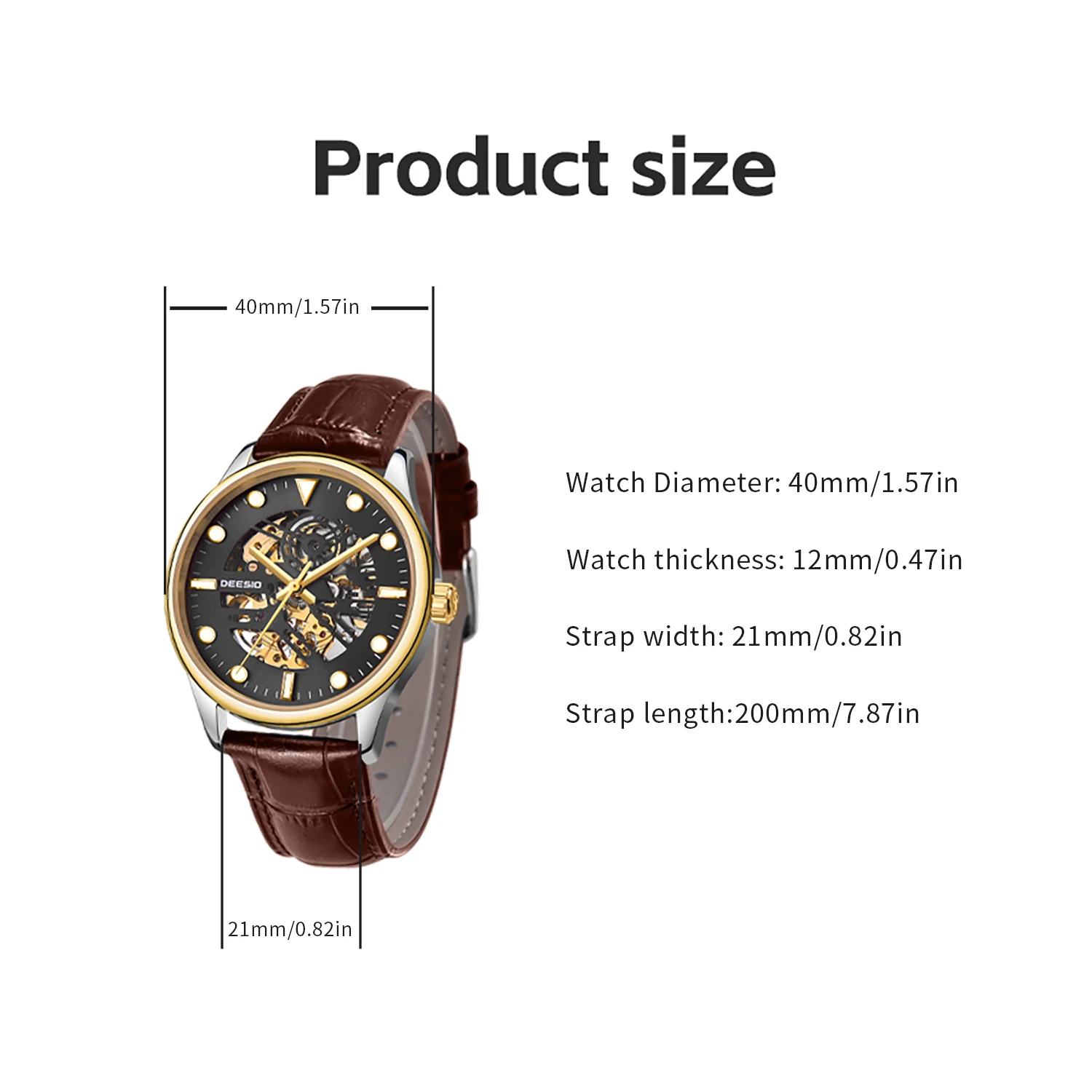 ساعة Deesio للرجال هيكل عظمي أوتوماتيكية مضيئة مقاومة للماء من الفولاذ المقاوم للصدأ وحزام جلدي كريستال الياقوت كاجوال للأعمال