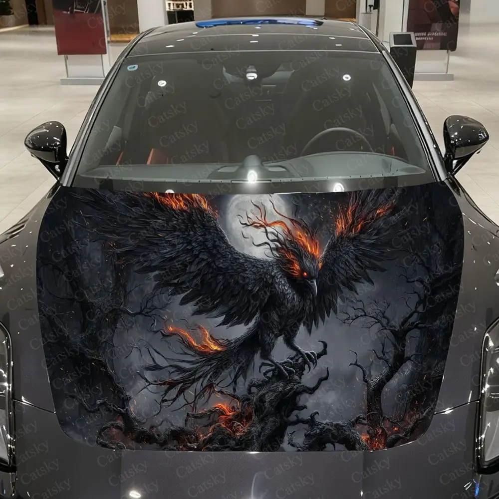 Night Fire Black Phoenix Descends Car Vinyl Wrap, PVC Waterproof Car Hood Sticker, Self-Adhesive Scratch-Resistant Stickers