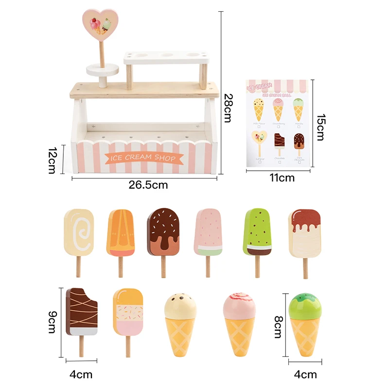 Drewniany zestaw zabawek - stojak na lody - zabawka do odgrywania ról w stylu duńskiego królestwa, odpowiednia do zabawy w sklep dla dzieci.