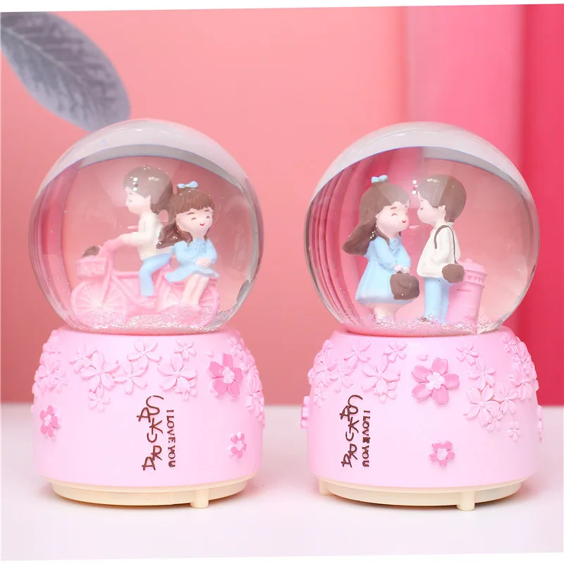 Glow Light Crystall Snow Globe Ball Music Box Couples Wife Girl Birthday Wedding Valentine\'s Day Gift Lovers Ornament