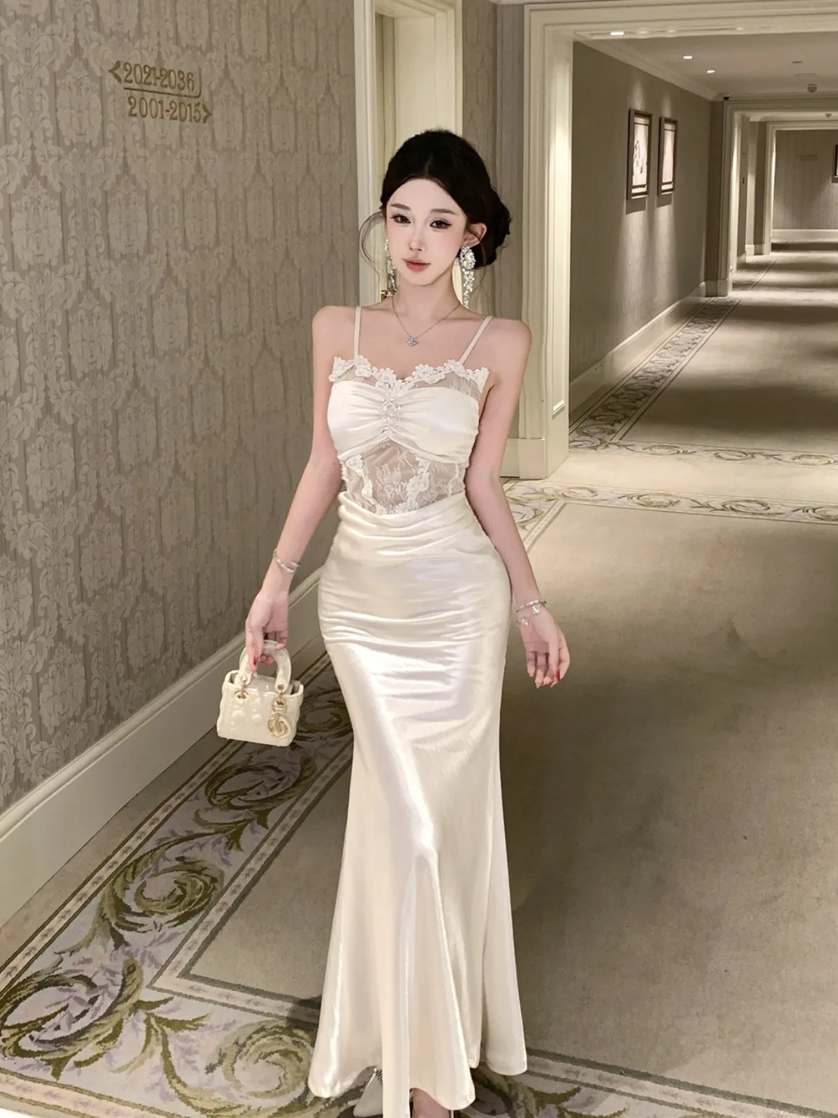 

Sexy Lace Splice Satin ter Dr Ele Ladylike Long Fi Tail Skirt Gown Svel Women's Faion Spring Ci Walk