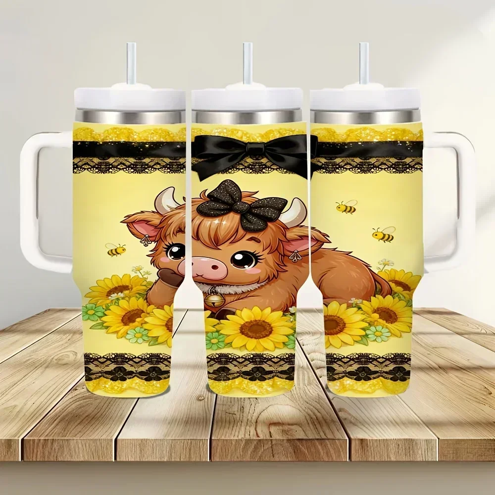 40oz Insulated Tumbler with Handle, Cute Highland Cow Sunflower Bee Print, Suitable for Women Daily Use, Keeps Drinks Hot Or Cold for Outdoor And Indoor Activities