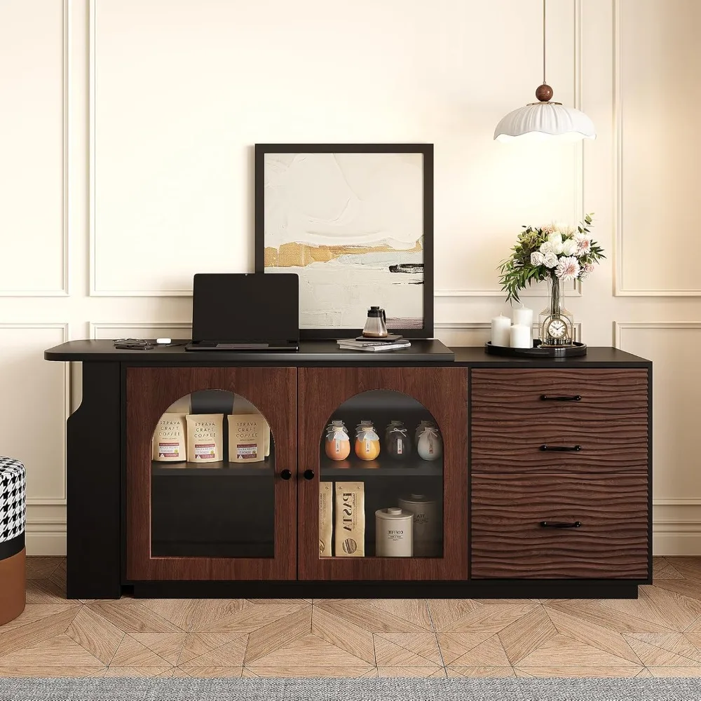 قابل للسحب على شكل حرف L 90 ° مكتب دوار (65.75 بوصة - 4.48 بوصة قابل للتعديل)، 3 أدراج وأقدام جانبية للتخزين، باب خزانة زجاجي مقوس #2