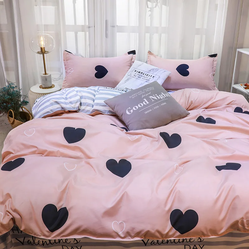 Pink Heart Duvet Cover Set Single Bedding Set 3 Pieces, Soft Comfy Microfiber Love and Stripe Pattern Reversible Quilt Cover