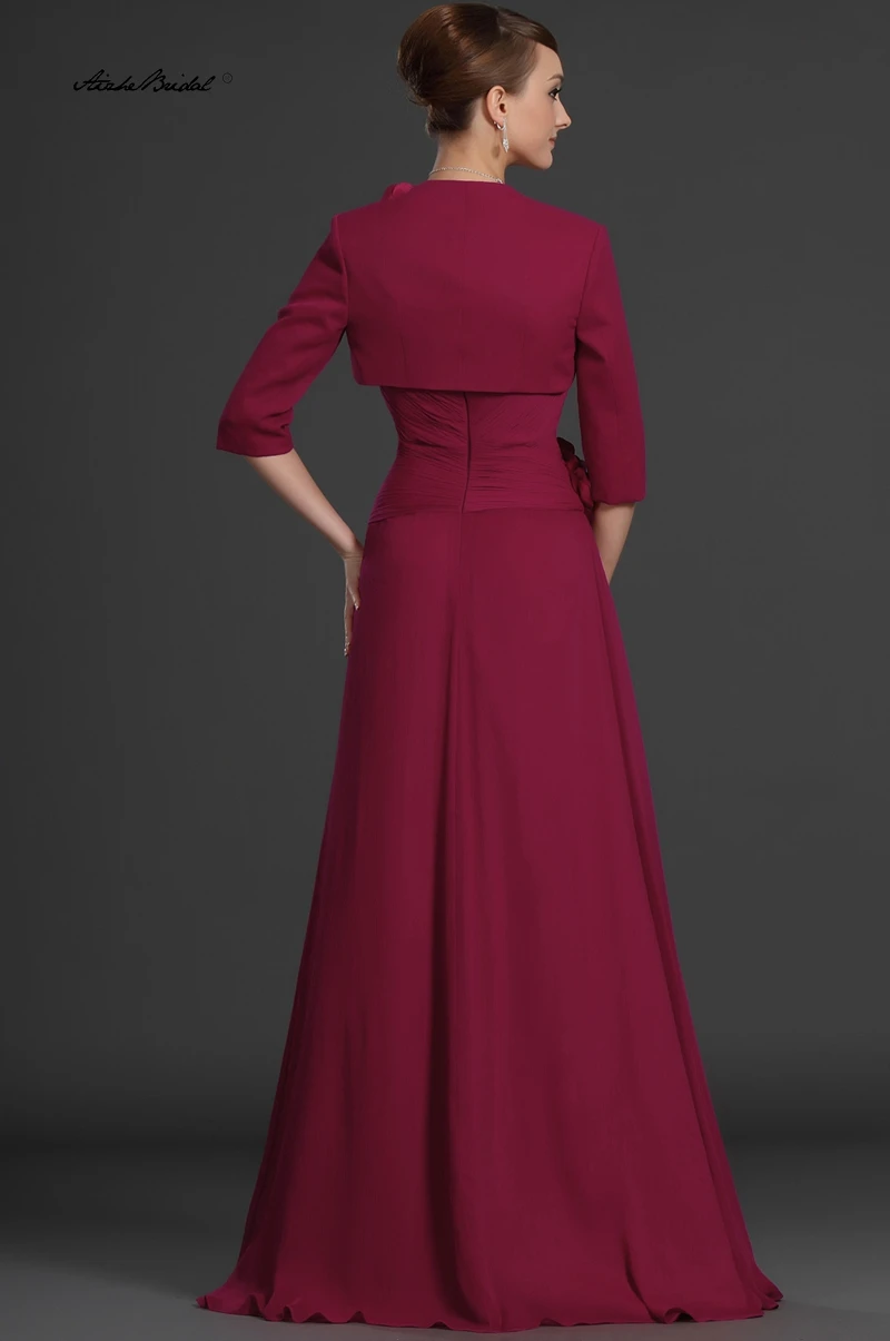 فساتين أم العريس من الشيفون باللون العنابي أنيقة على شكل حرف A بدون حمالات فستان أم العروس مع سترة 2026 #2