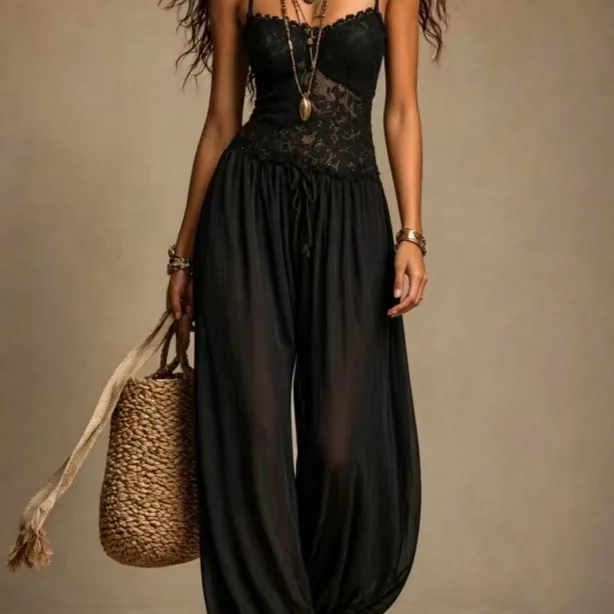 Women Nude Lace Halter Jumpsuits Spaghetti Strap V Neck Sheer Loose See Through Playsuit Summer Beach Bohemian One Piece Outfits