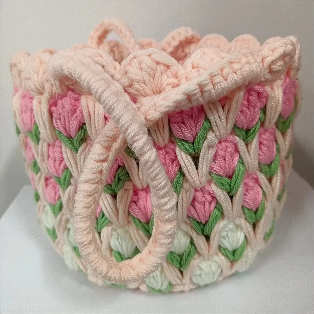 Tulip Wool Hand Bag Handmade Knitting Picnic Bag Lunch Bag for Women Girl Gift Outside