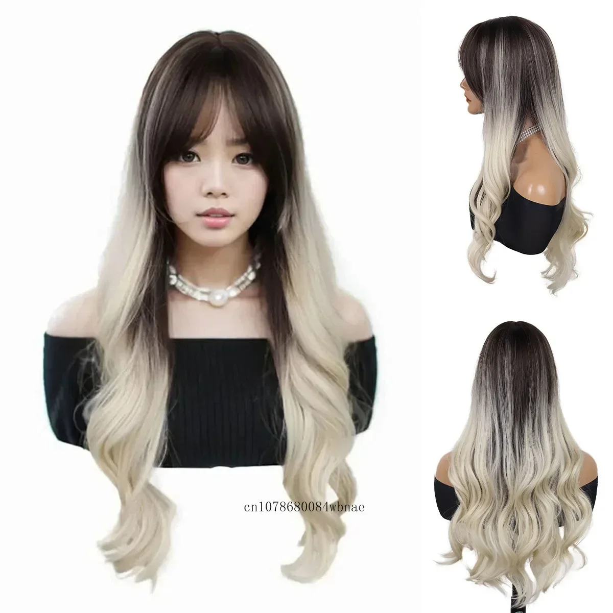 

Ombre Light Blonde Synthetic Wig 28 Inch Long Curly Wavy Wigs with Bangs for Women Gradient Drag Queen Wig Daily Party Costume
