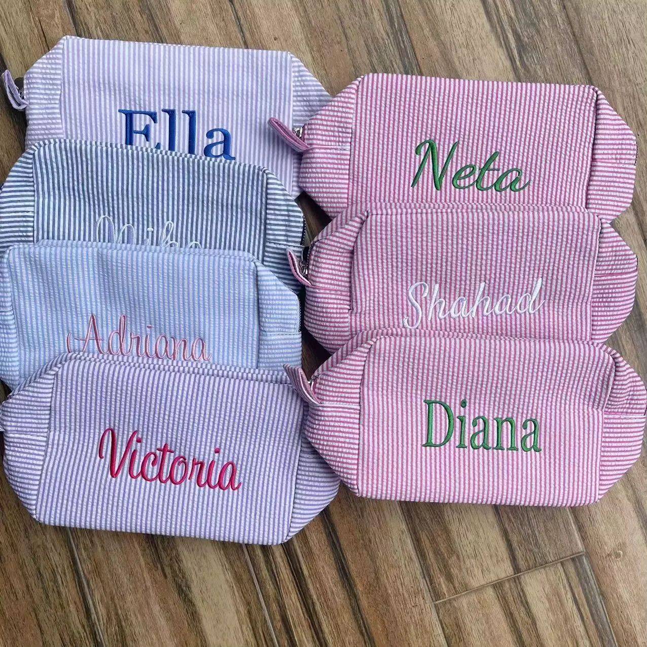 

New Seersucker Cosmetic Bag, Personalized Monogrammed Toiletry Bag, Embroidered Make Up Bag,Bridesmaid Makeup Bag, Wedding Gifts