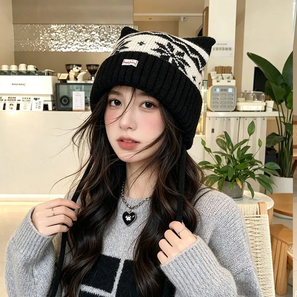Chin Strap Knitted Beanie Hat 55cm to 60cm Head Circumference Cold Proof Cat Ear Earflap Beanie Ear Protection Fair Isle Pattern
