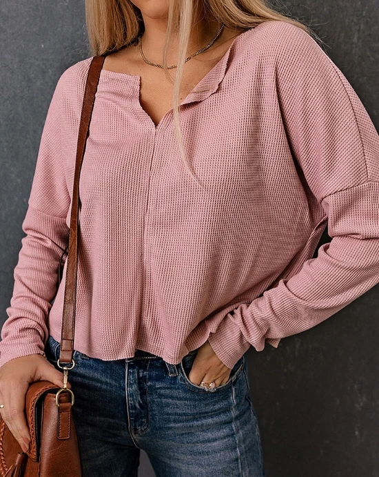 

Women's T-shirt Pink Sweet Long sleeved Loose Top 2024 Spring/Summer Latest V-neck Urban style Solid color Splicing Blouse