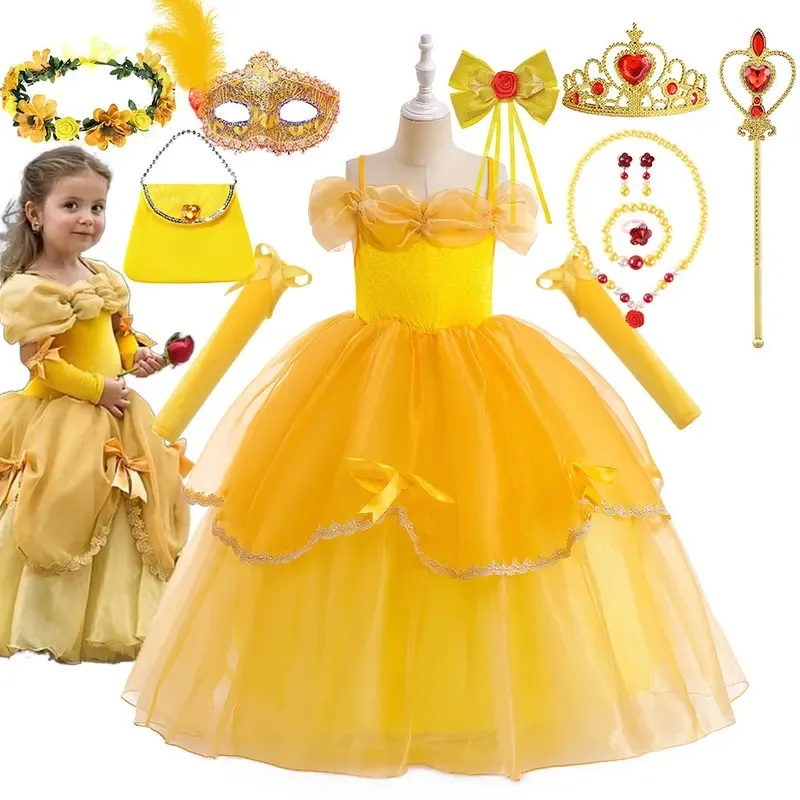 Vestido de princesa hinchado con tirantes y hombros descubiertos, con guantes, vestido de baile para desfile de Navidad para niñas, juego de rol Bella, La Bella y La Bestia