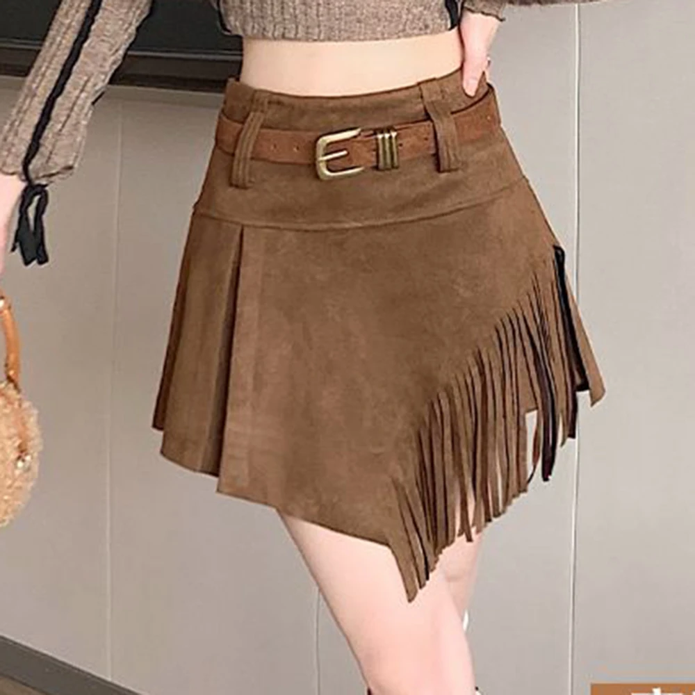 

2025 retro new fringed autumn thin tooling high waist Spice Girl suede versatile mini skirt Regular Fit