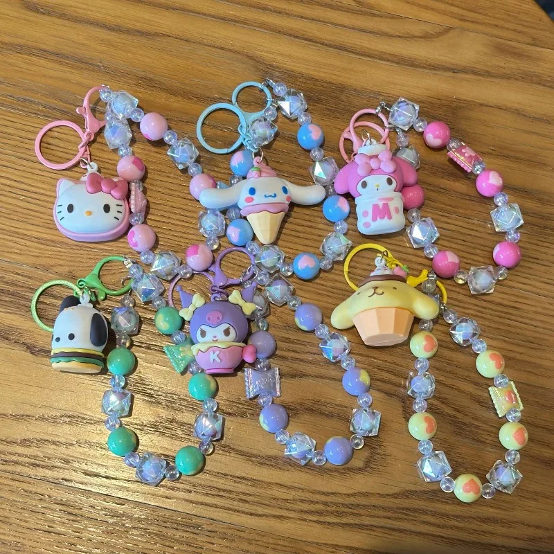 Sanrio Kawaii Hello Kitty Beaded Phone Chain Keychain Japanese Cartoon Kuromi Melody Cinnamoroll Bag Pendant Children's Day Gift view 4