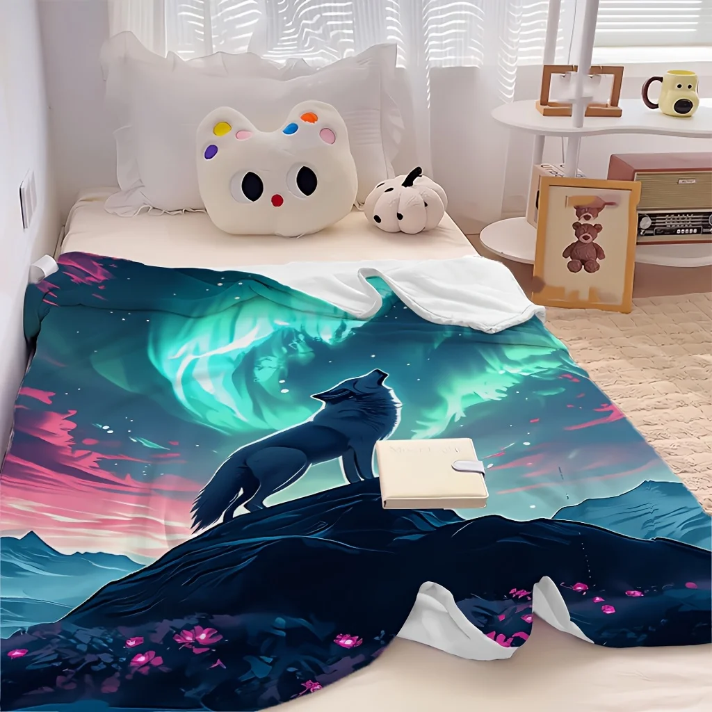 1pc Aurora Wolf Mountain Night Fantasy Print Flannel Blanket, Skin-friendly and Practical, Suitable for Blankets, Kid Bed Covers