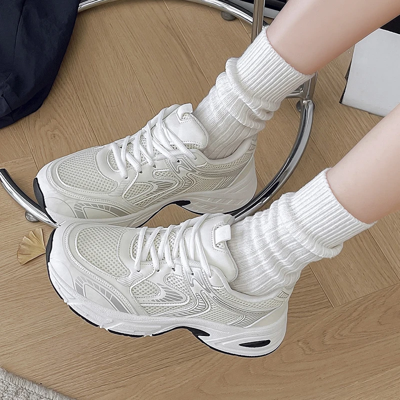Women Breathable Mesh Chunky Dad Sneakers Round Toe Patch Thick Elevated Shock Absorbing Sole Casual Platform Walking Trainers image 4