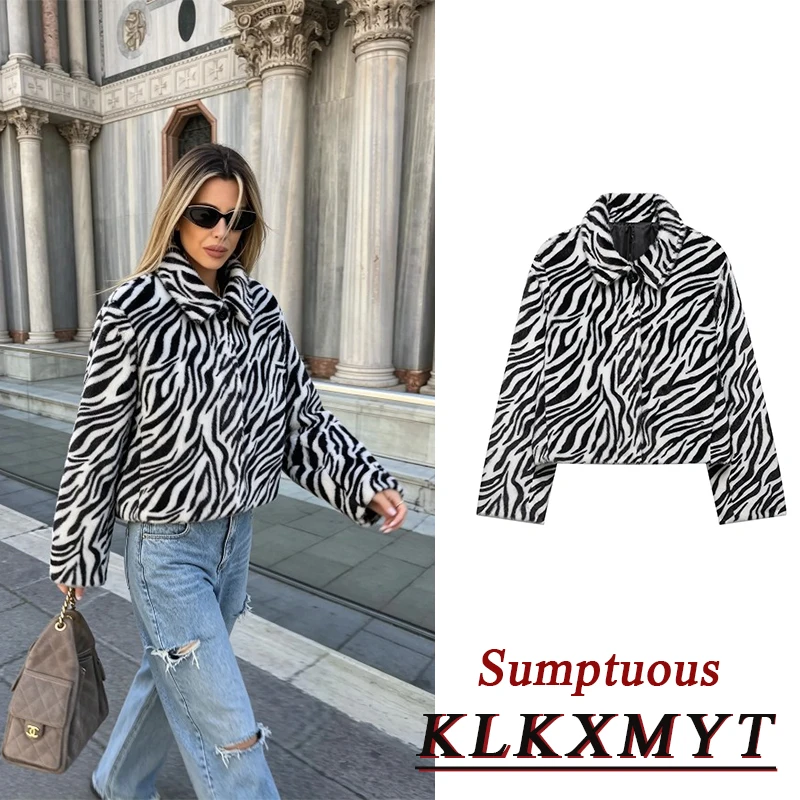 Autumn Winter Fashion Fur Coats For Women Elegant Zebra Stripe Laple Button Jackets Leisure Vintage Commute Coat