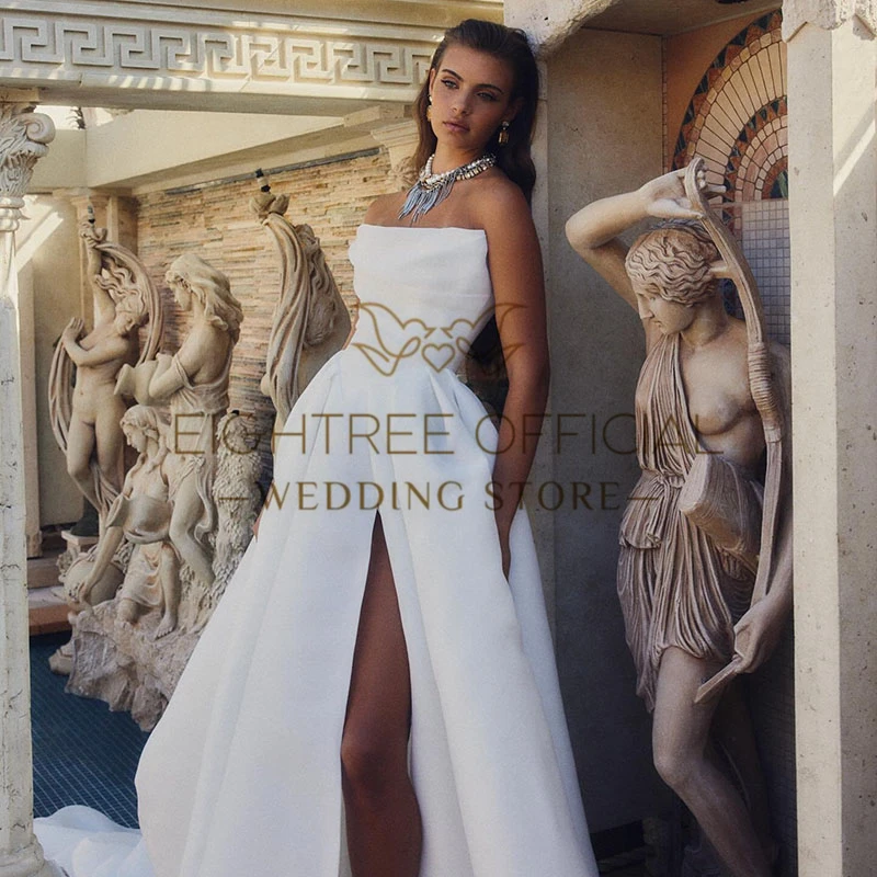 Eightree Formal A-Line Wedding Dresses White Strapless High Split Wedding Gowns Boho Beach Bridal Ball Prom Dress Custom Size