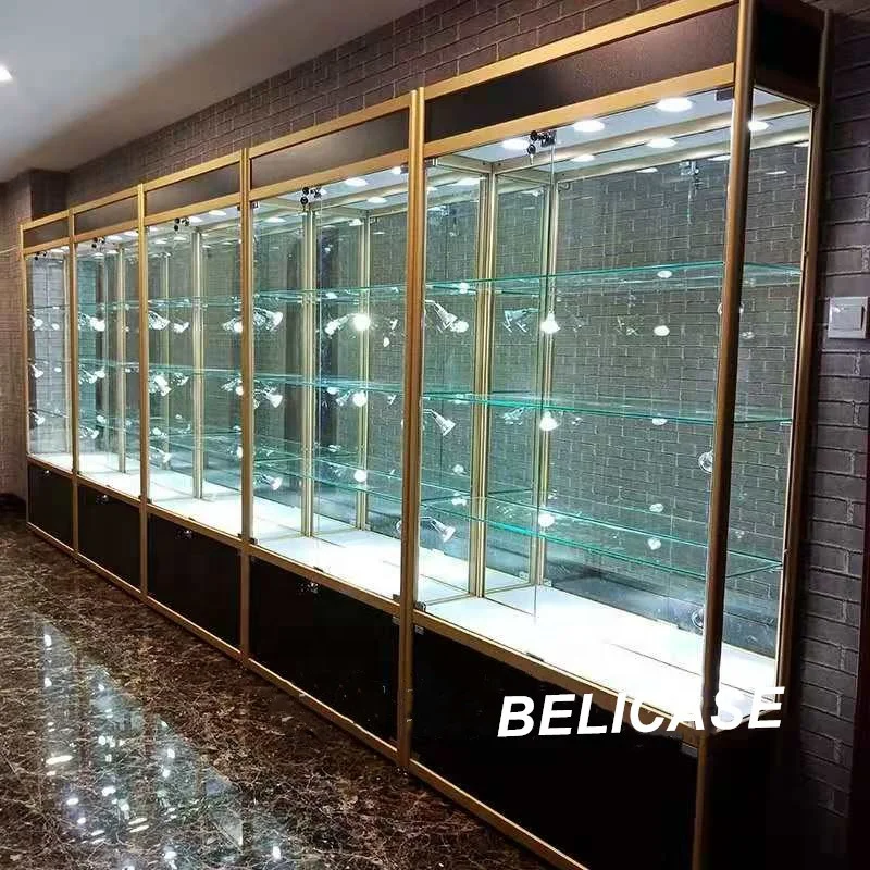 Custom. cheap smoke shop showcase with LED light lockable aluminum display cabinet display