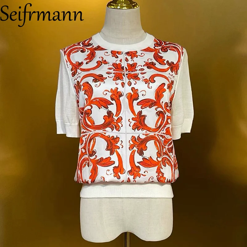 Seifrmann 2026 Summer Women's New Fashionable Round Neck Short Sleeve Wool+Silk Printed Knitted Top