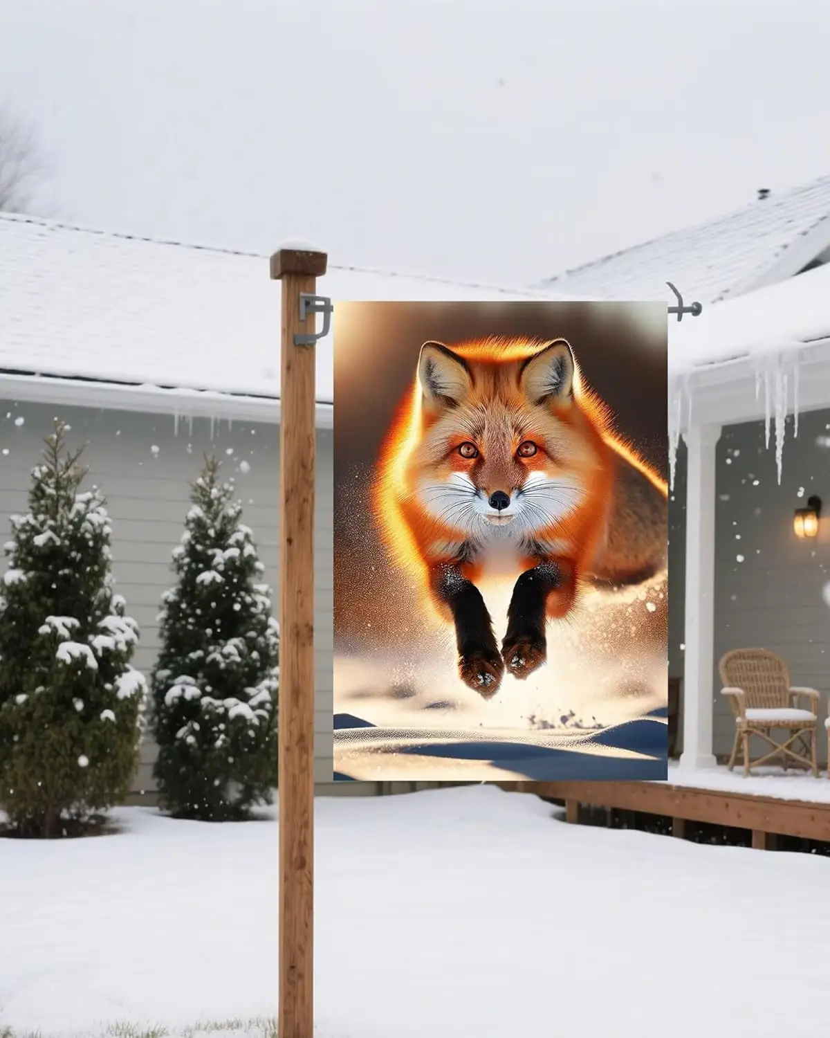 Beautiful Red Fox Leaping Over the Snow Winter Wildlife Sunlight Garden Flag 28 x 40 Inch, Double Sided Outdoor Decorative W ZZM