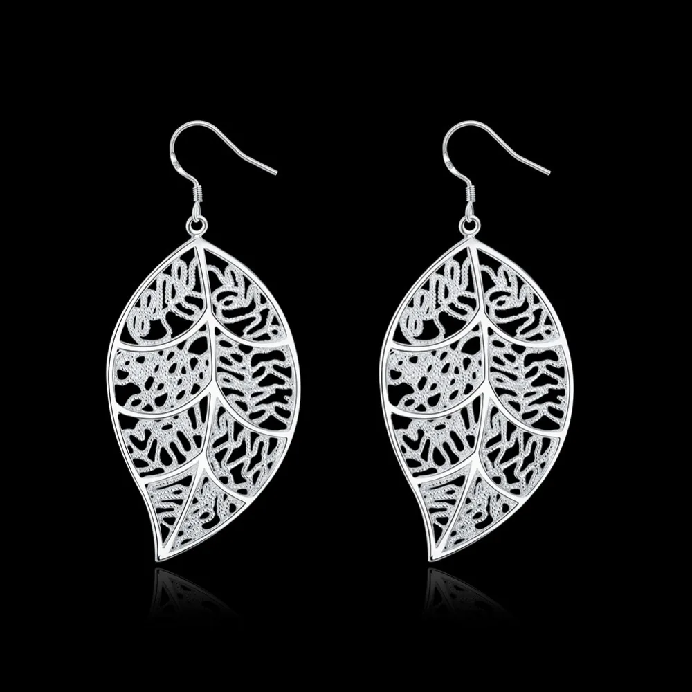 Lekani 925 stamp silver color Big Hollow Leaf Drop Earrings Brincos For Women Wedding Fine Jewelry Gift Accessories Pendientes